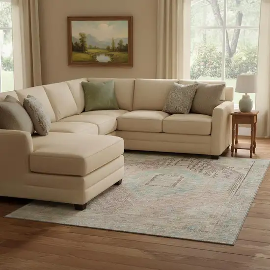 Pink Beige And Teal Tribal Washable Area Rug With UV Protection Photo 2