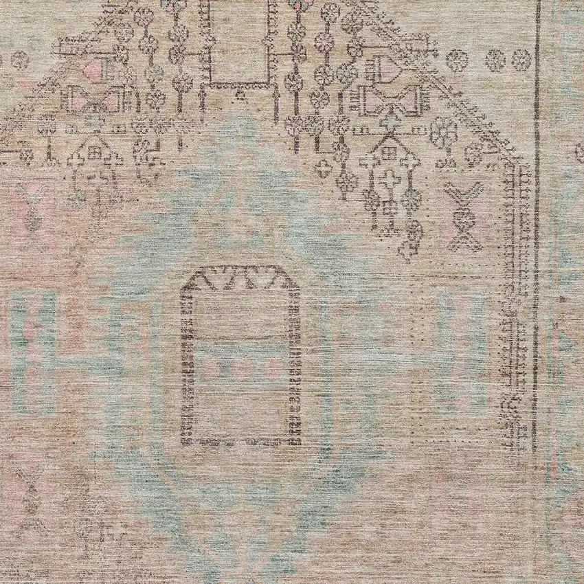 Pink Beige And Teal Tribal Washable Area Rug With UV Protection Photo 2