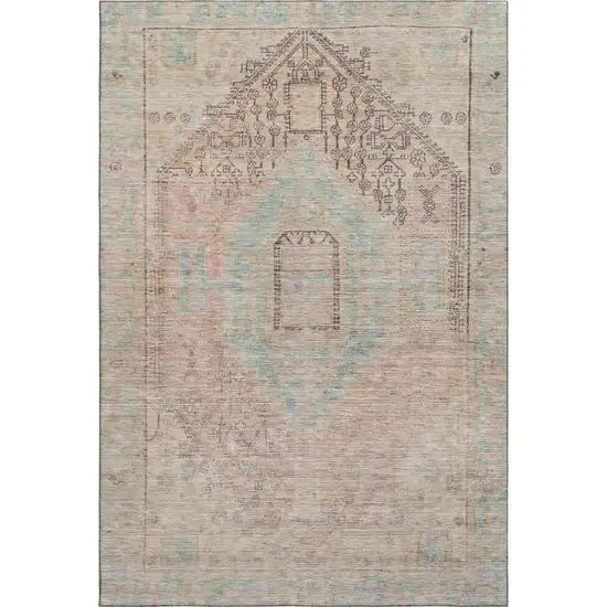 Pink Beige And Teal Tribal Washable Area Rug With UV Protection Photo 1