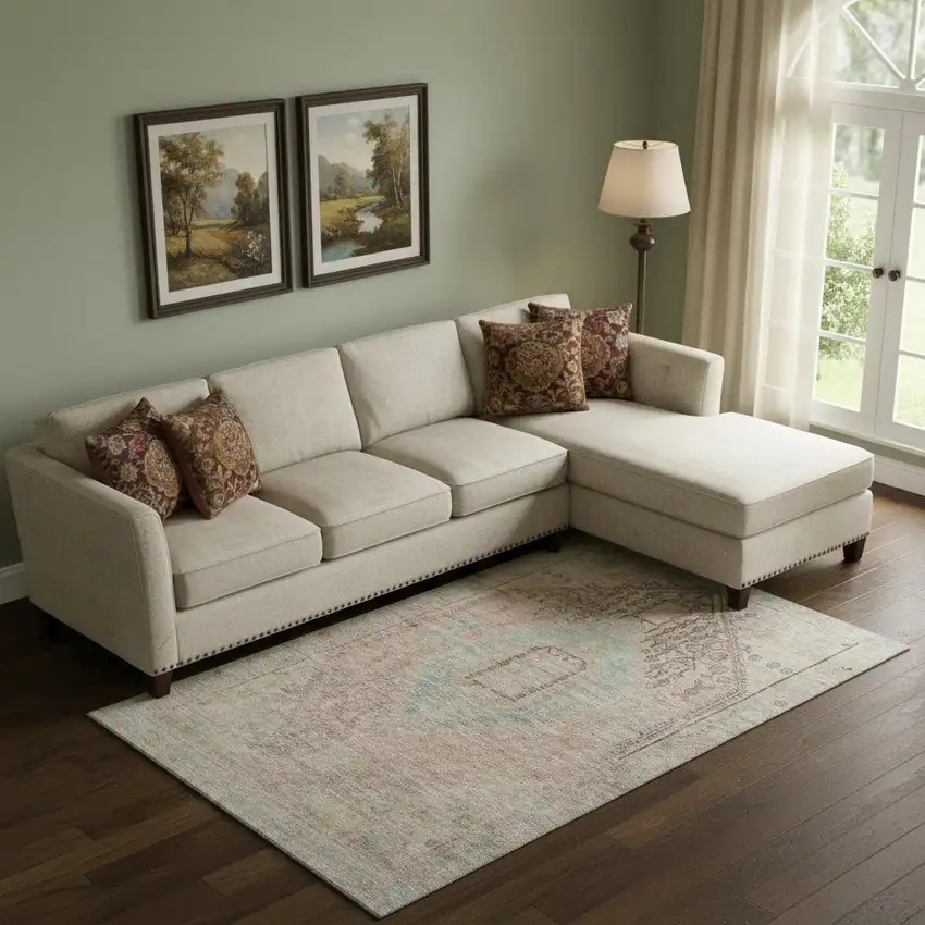 Pink Beige And Teal Tribal Washable Area Rug With UV Protection Photo 2