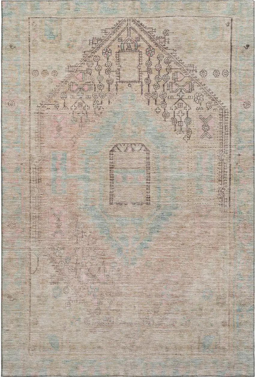 Pink Beige And Teal Tribal Washable Area Rug With UV Protection Photo 1