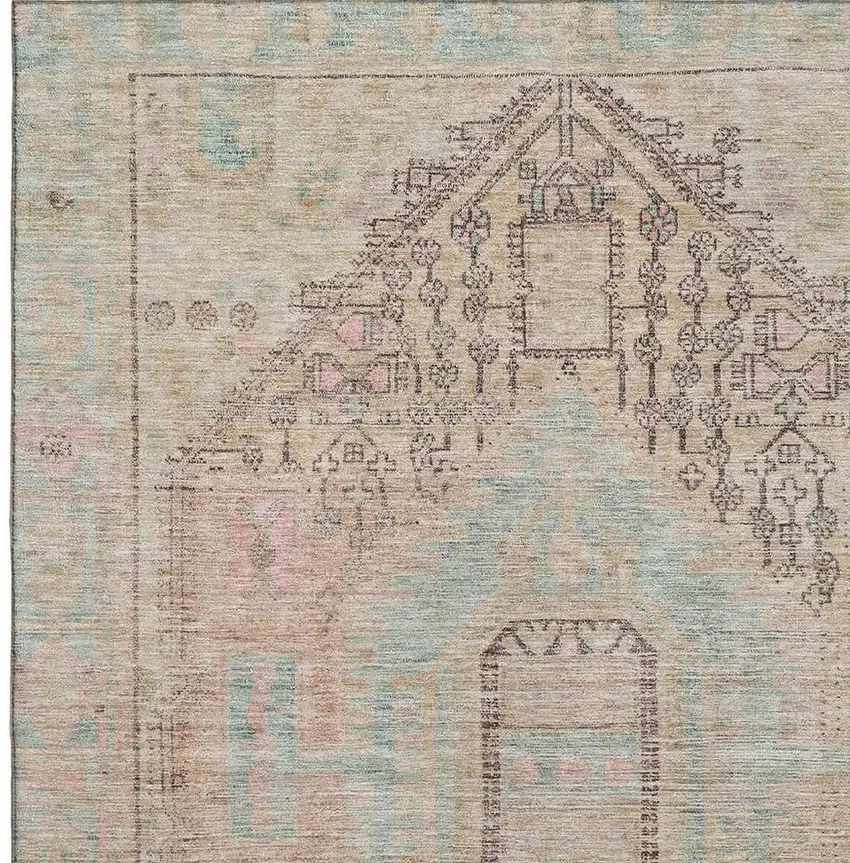 Pink Beige And Teal Tribal Washable Area Rug With UV Protection Photo 2