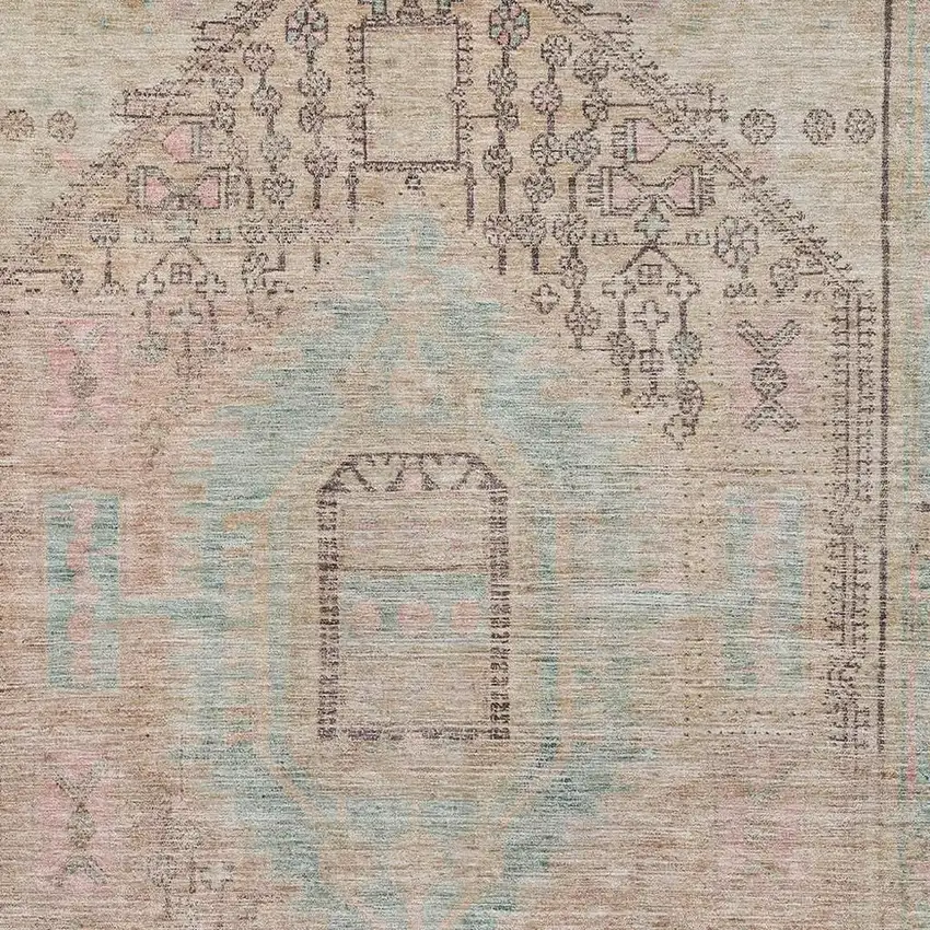 Pink Beige And Teal Tribal Washable Area Rug With UV Protection Photo 2