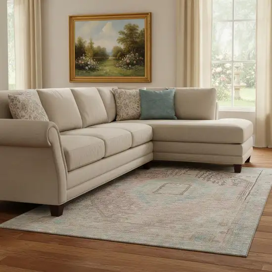 Pink Beige And Teal Tribal Washable Area Rug With UV Protection Photo 2