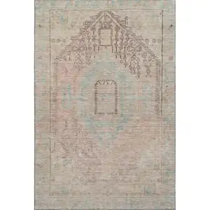 Photo of Pink Beige And Teal Tribal Washable Area Rug With UV Protection