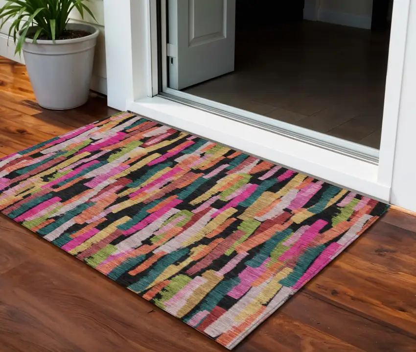 Pink Black And Green Striped Washable Indoor Outdoor Area Rug Photo 1