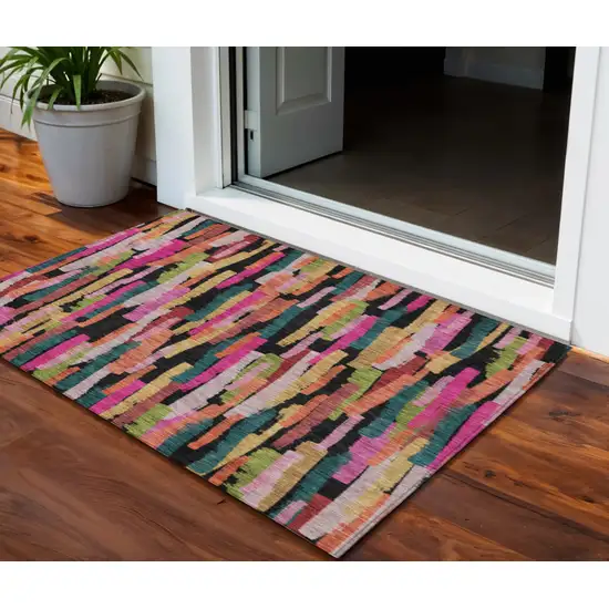 Pink Black And Green Striped Washable Indoor Outdoor Area Rug Photo 1