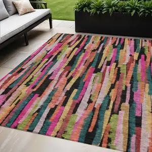Photo of Pink Black And Green Striped Washable Indoor Outdoor Area Rug