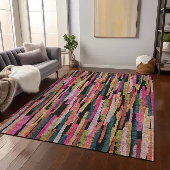 Pink Black And Green Striped Washable Indoor Outdoor Area Rug Photo 9