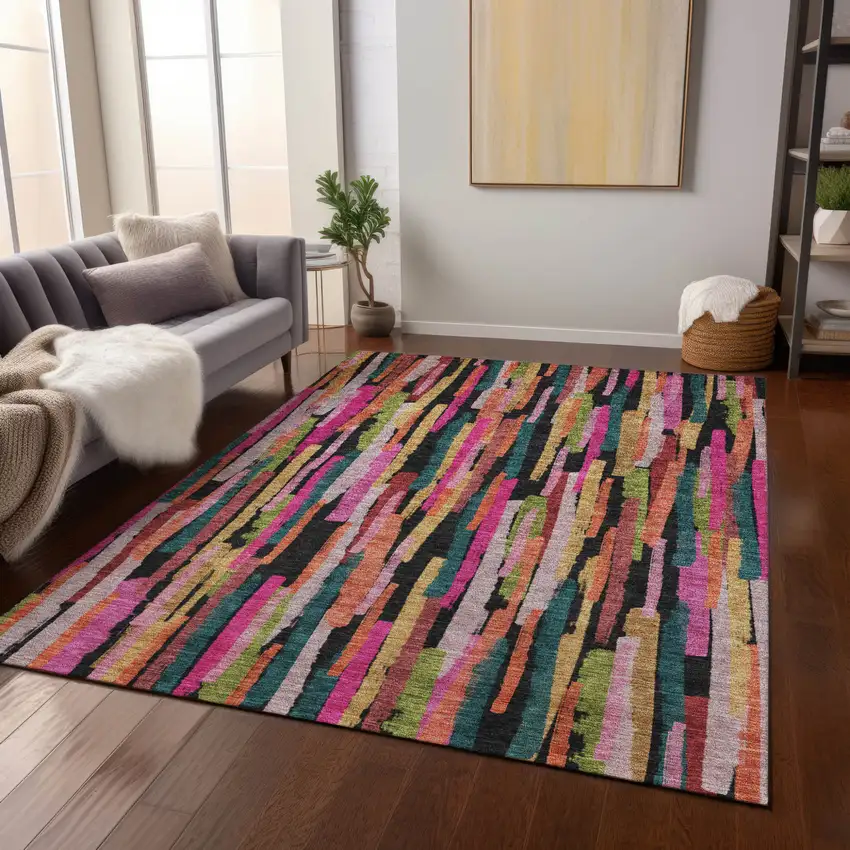Pink Black And Green Striped Washable Indoor Outdoor Area Rug Photo 9