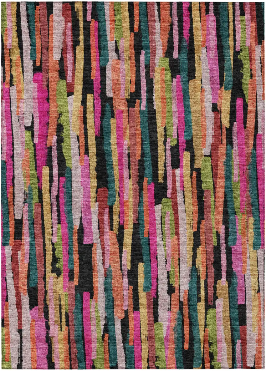 Pink Black And Green Striped Washable Indoor Outdoor Area Rug Photo 2