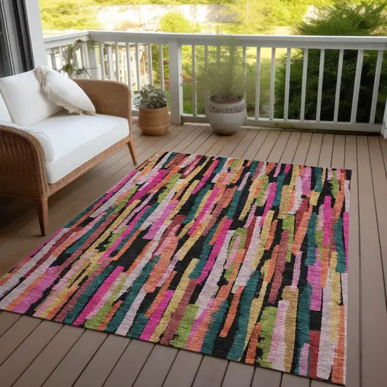Pink Black And Green Striped Washable Indoor Outdoor Area Rug Photo 7