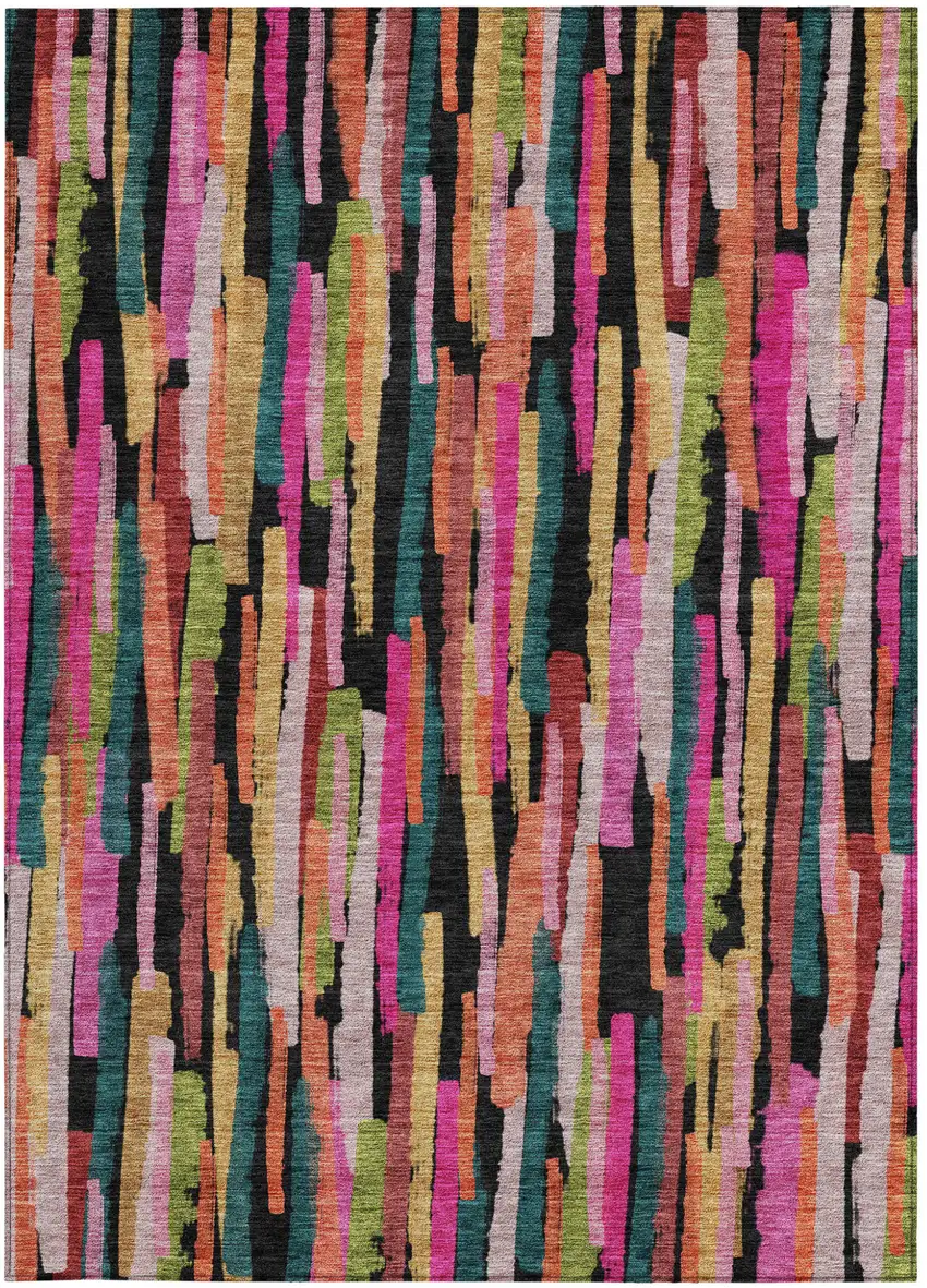 Pink Black And Green Striped Washable Indoor Outdoor Area Rug Photo 6