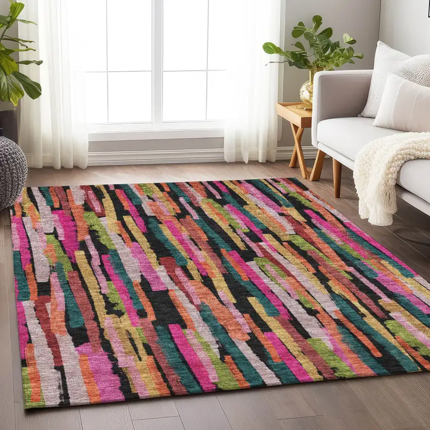 Pink Black And Green Striped Washable Indoor Outdoor Area Rug Photo 8