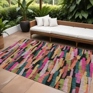 Photo of Pink Black And Green Striped Washable Indoor Outdoor Area Rug