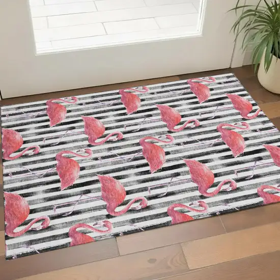 Pink Black And White Geometric Washable Area Rug With UV Protection Photo 1