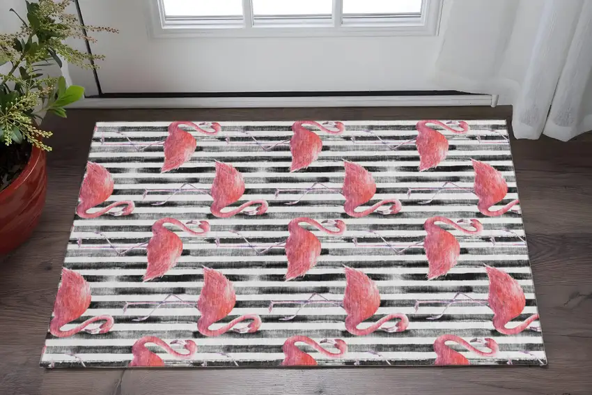 Pink Black And White Geometric Washable Area Rug With UV Protection Photo 1