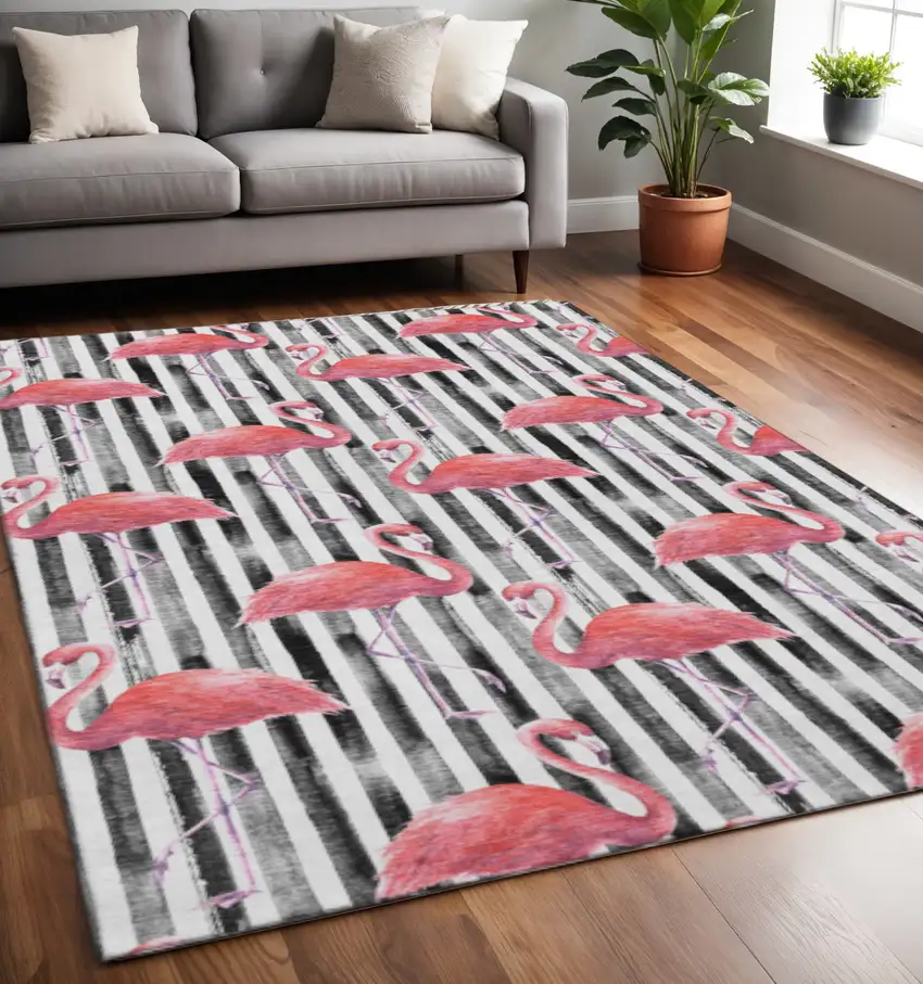 Pink Black And White Geometric Washable Area Rug With UV Protection Photo 1