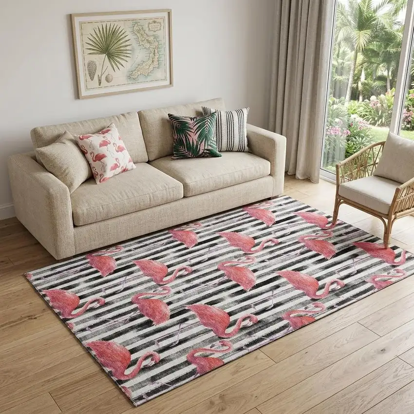 Pink Black And White Geometric Washable Area Rug With UV Protection Photo 1