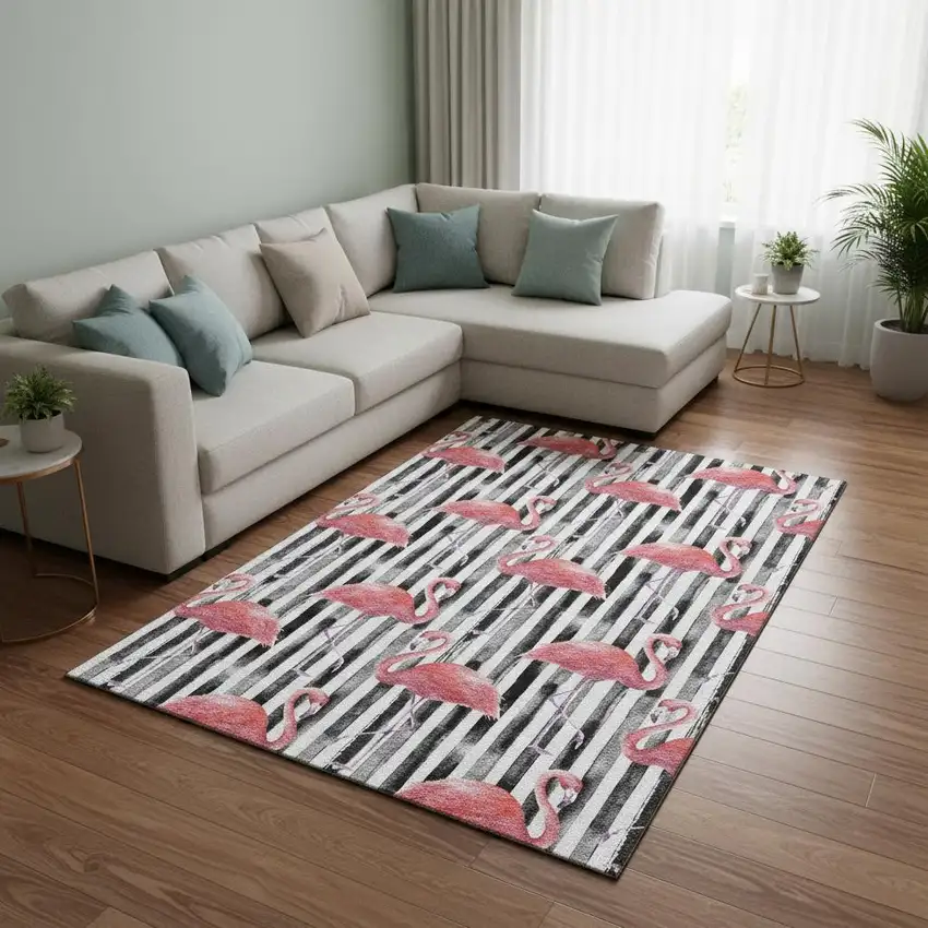 Pink Black And White Geometric Washable Area Rug With UV Protection Photo 1