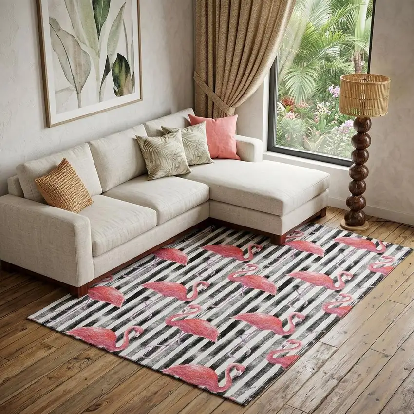 Pink Black And White Geometric Washable Area Rug With UV Protection Photo 1