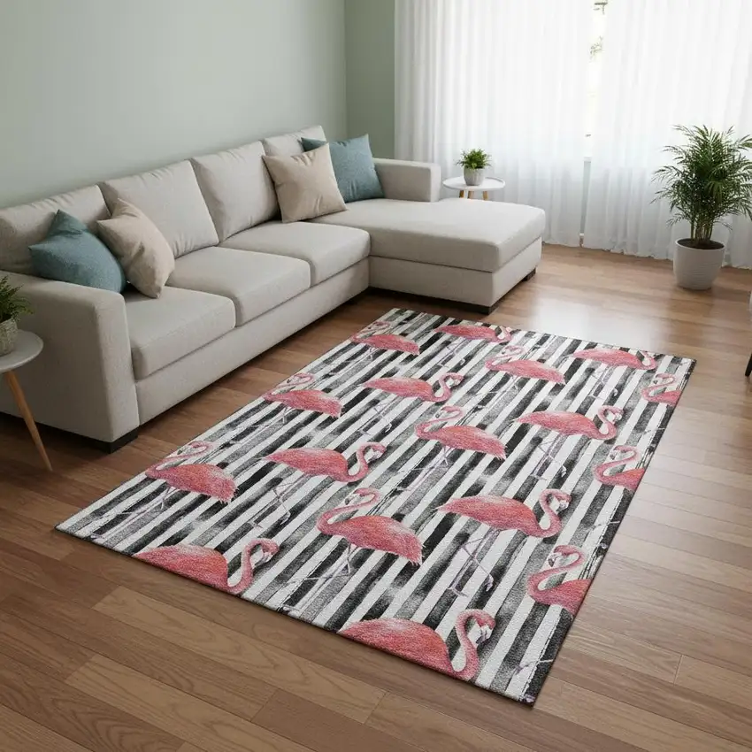 Pink Black And White Geometric Washable Area Rug With UV Protection Photo 1