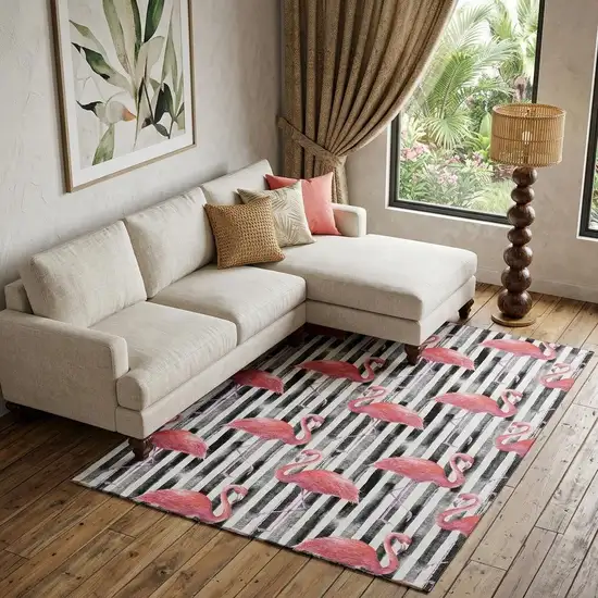 Pink Black And White Geometric Washable Area Rug With UV Protection Photo 1