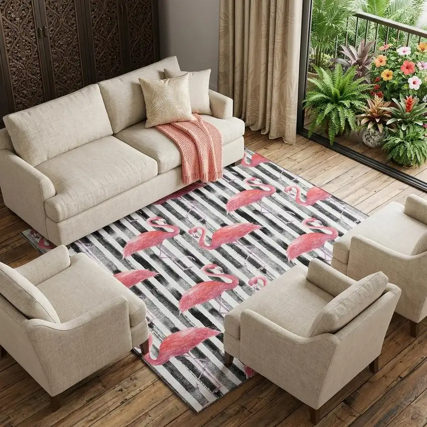 Pink Black And White Geometric Washable Area Rug With UV Protection Photo 1