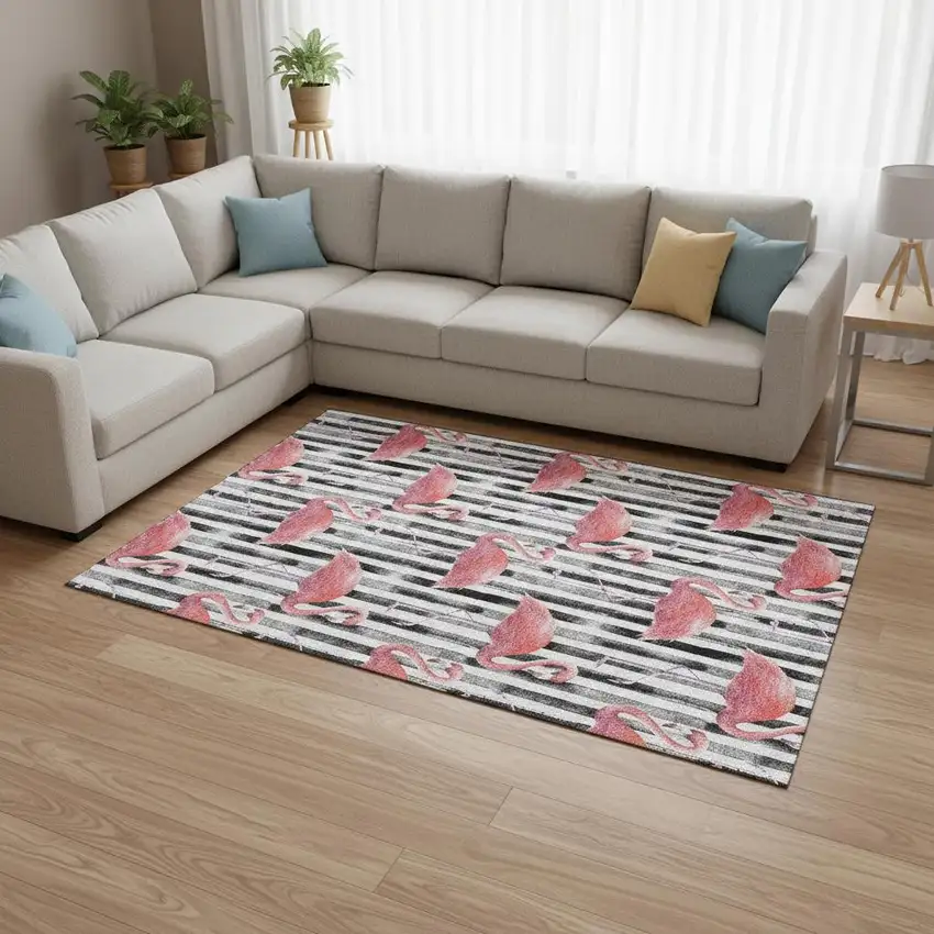 Pink Black And White Geometric Washable Area Rug With UV Protection Photo 1