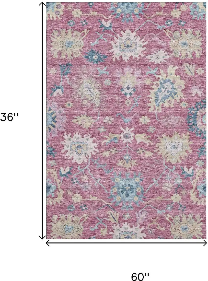 Pink Blue And Beige Floral Washable Area Rug With UV Protection Photo 9