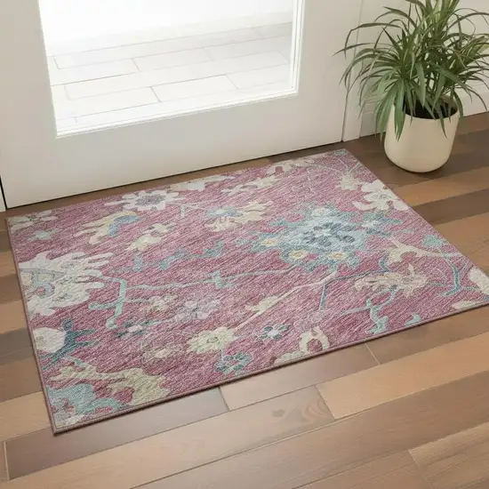 Pink Blue And Beige Floral Washable Area Rug With UV Protection Photo 2