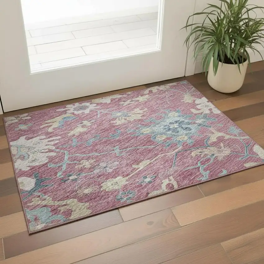 Pink Blue And Beige Floral Washable Area Rug With UV Protection Photo 2