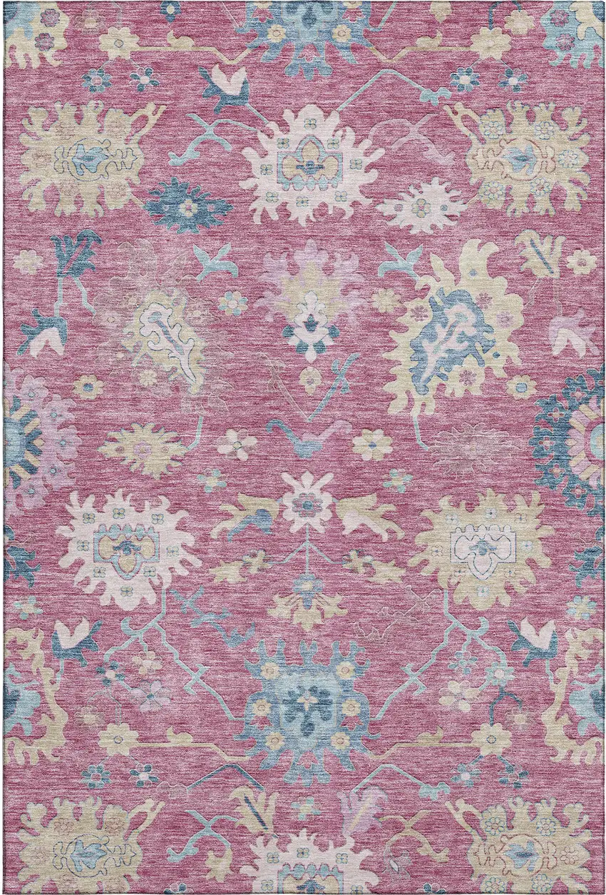 Pink Blue And Beige Floral Washable Area Rug With UV Protection Photo 4