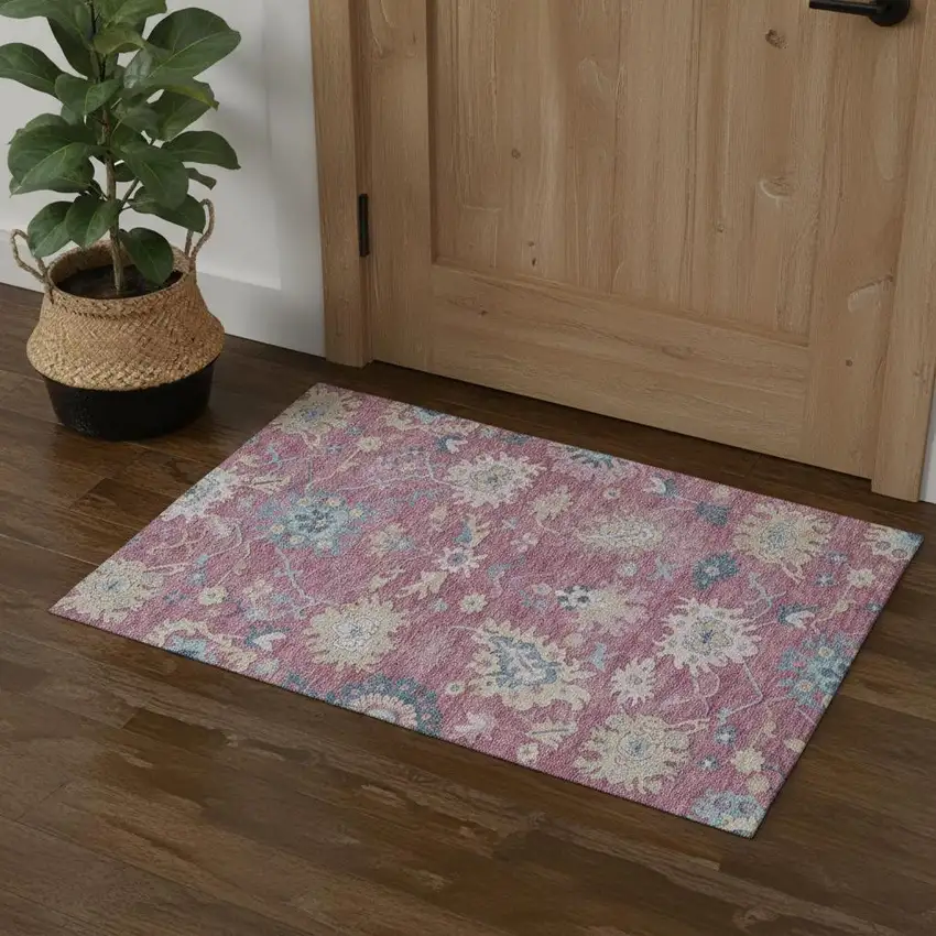 Pink Blue And Beige Floral Washable Area Rug With UV Protection Photo 1