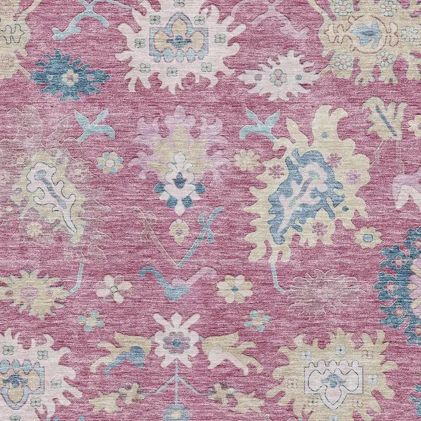 Pink Blue And Beige Floral Washable Area Rug With UV Protection Photo 3