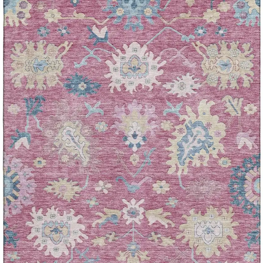Pink Blue And Beige Floral Washable Area Rug With UV Protection Photo 4