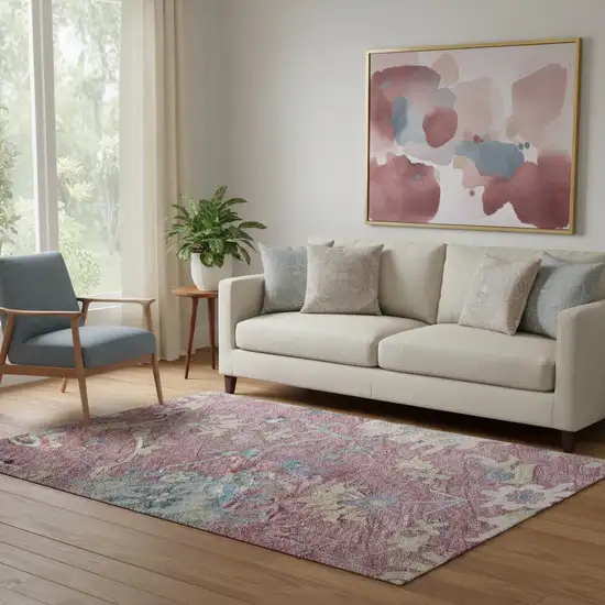 Pink Blue And Beige Floral Washable Area Rug With UV Protection Photo 2