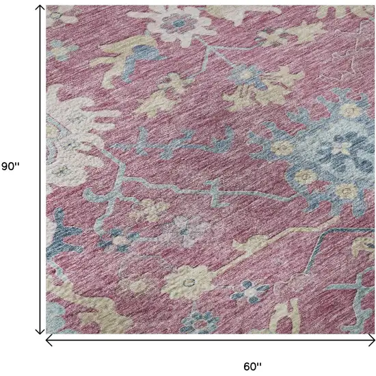 Pink Blue And Beige Floral Washable Area Rug With UV Protection Photo 8