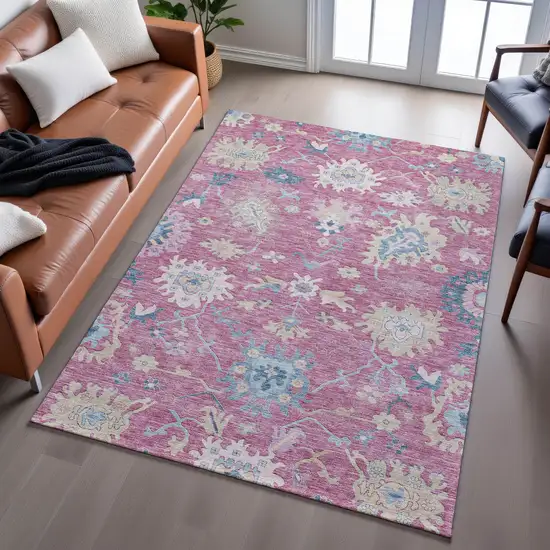 Pink Blue And Beige Floral Washable Area Rug With UV Protection Photo 3