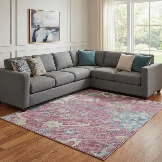 Pink Blue And Beige Floral Washable Area Rug With UV Protection Photo 2