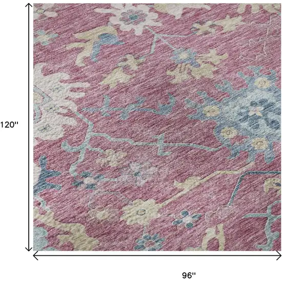 Pink Blue And Beige Floral Washable Area Rug With UV Protection Photo 9
