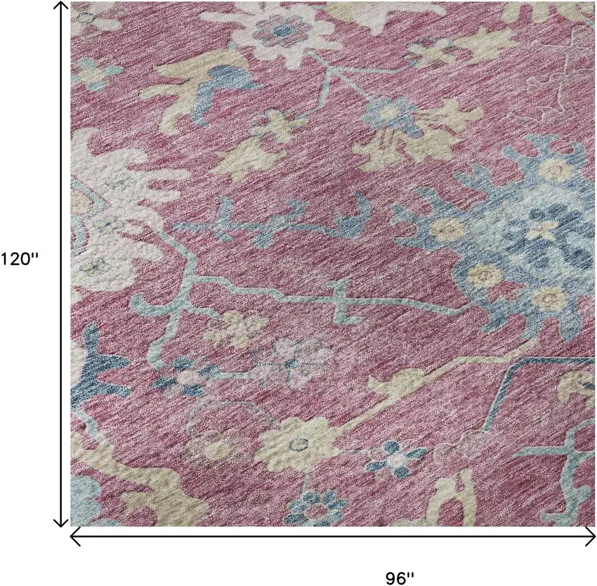 Pink Blue And Beige Floral Washable Area Rug With UV Protection Photo 9