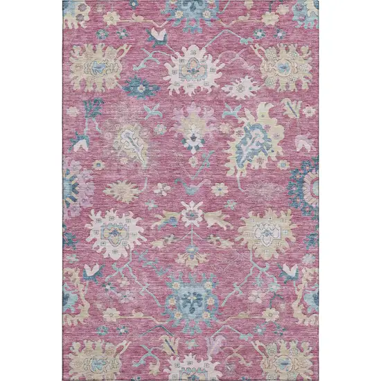 Pink Blue And Beige Floral Washable Area Rug With UV Protection Photo 5