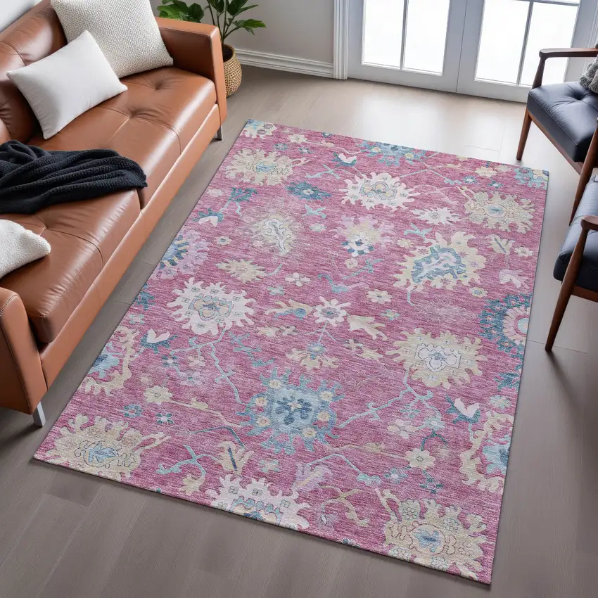 Pink Blue And Beige Floral Washable Area Rug With UV Protection Photo 4