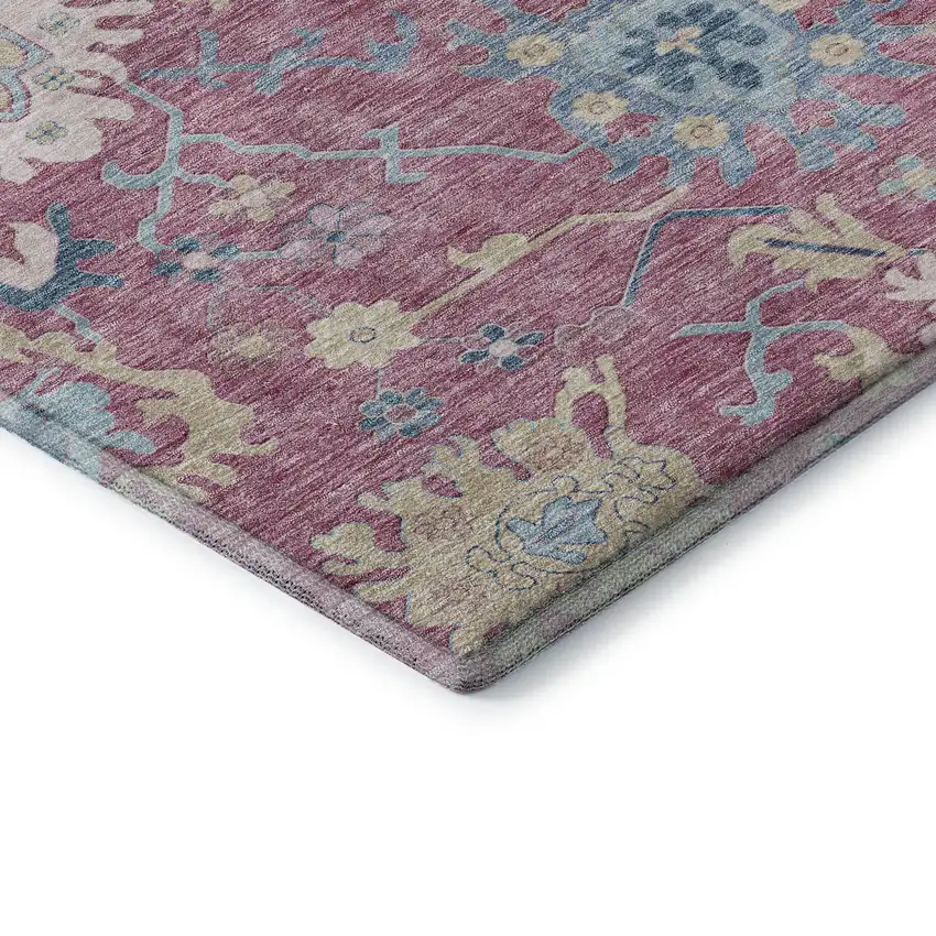 Pink Blue And Beige Floral Washable Area Rug With UV Protection Photo 7