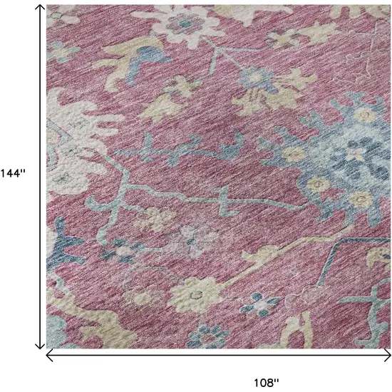 Pink Blue And Beige Floral Washable Area Rug With UV Protection Photo 9