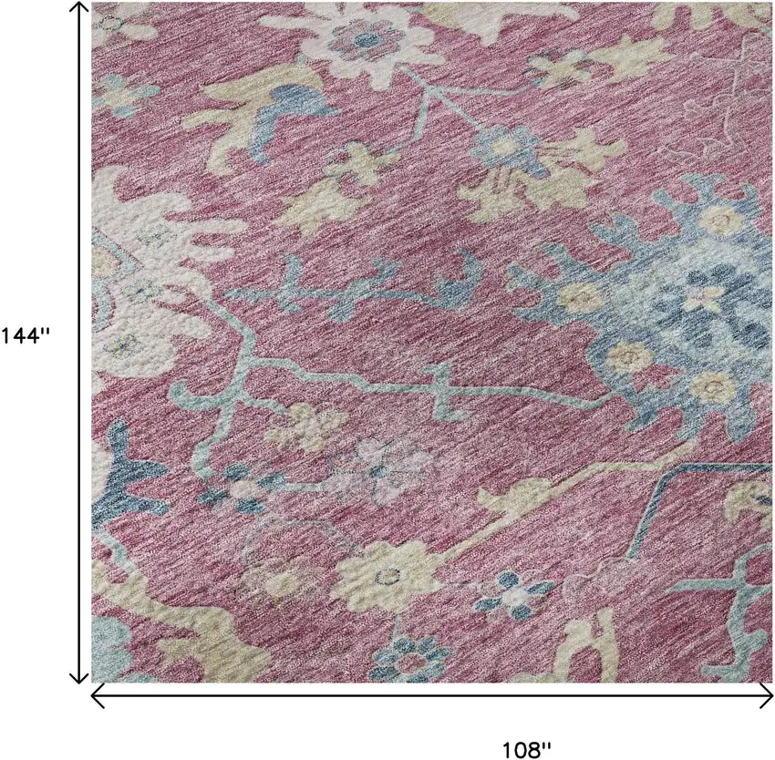 Pink Blue And Beige Floral Washable Area Rug With UV Protection Photo 9