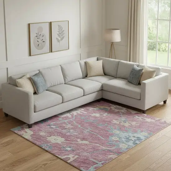 Pink Blue And Beige Floral Washable Area Rug With UV Protection Photo 2