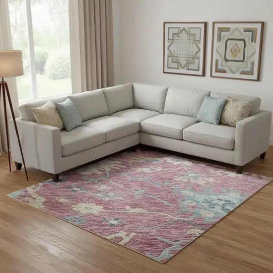 Pink Blue And Beige Floral Washable Area Rug With UV Protection Photo 2