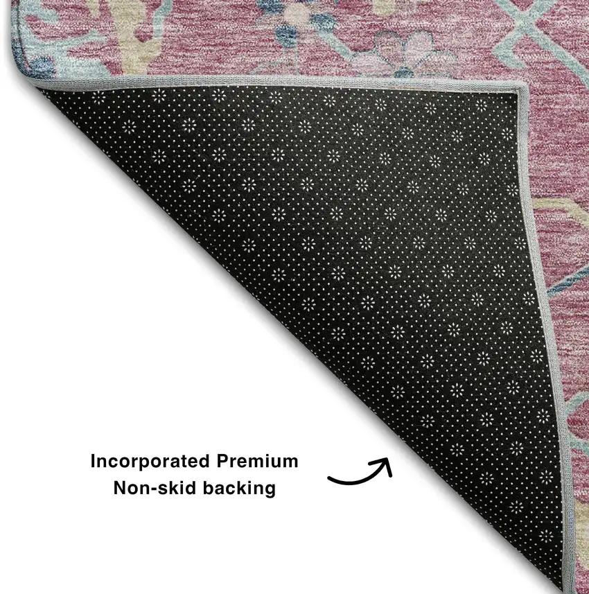 Pink Blue And Beige Floral Washable Area Rug With UV Protection Photo 5